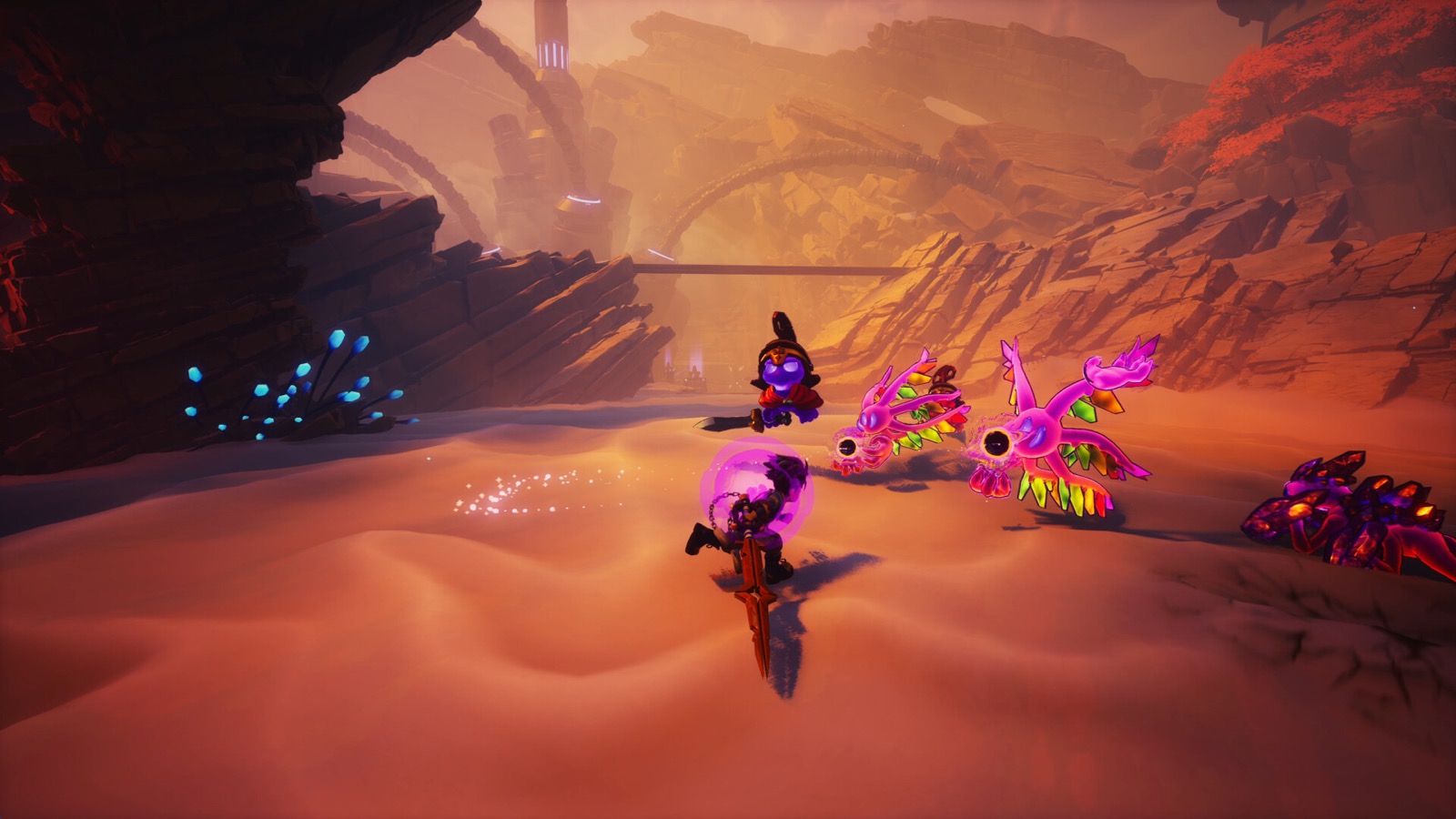 Zirian fighting bright purple creatures in a sunlit Duskfade desert