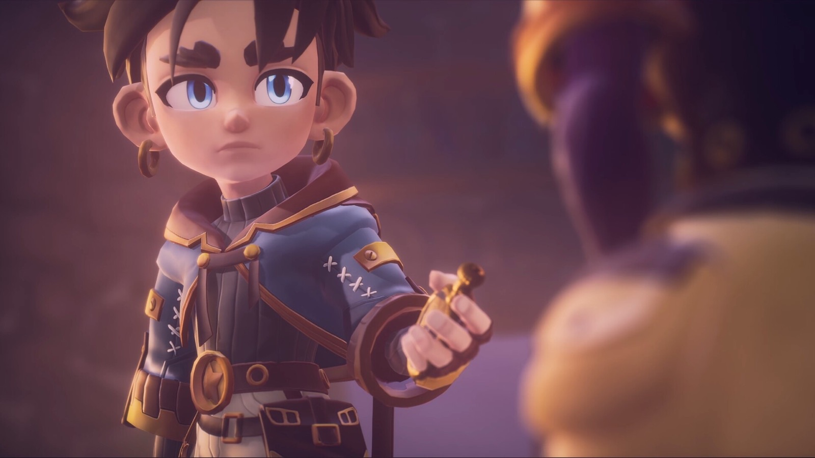 Close-up of Zirian holding a small clockwork object during a Duskfade story scene