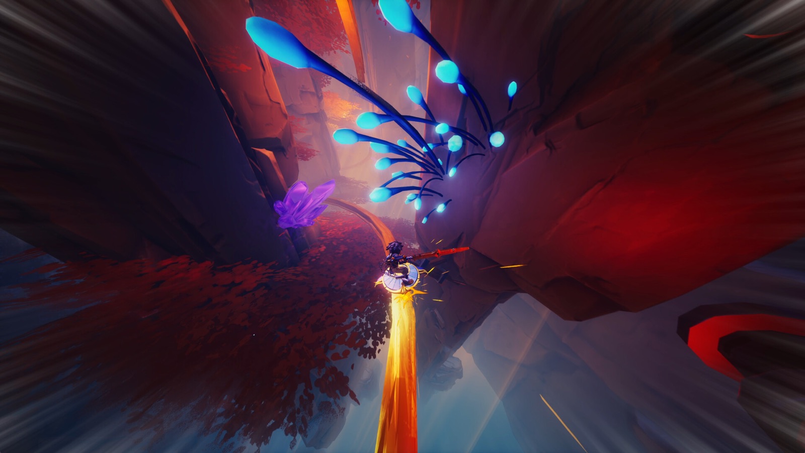 Zirian grinding at high speed through a colorful crystal canyon in Duskfade