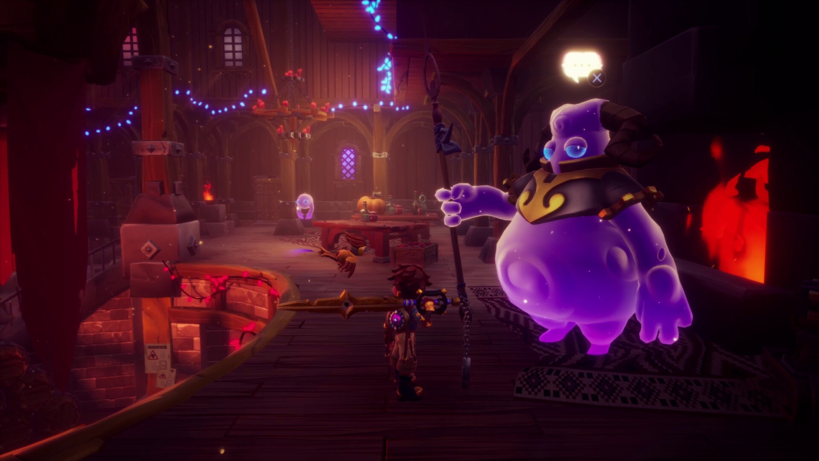 Zirian meeting a large purple character inside a warm clockwork building in Duskfade
